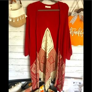Umgee Dolman sleeve Sweater Red Kimono with beige back crochet fringe inset